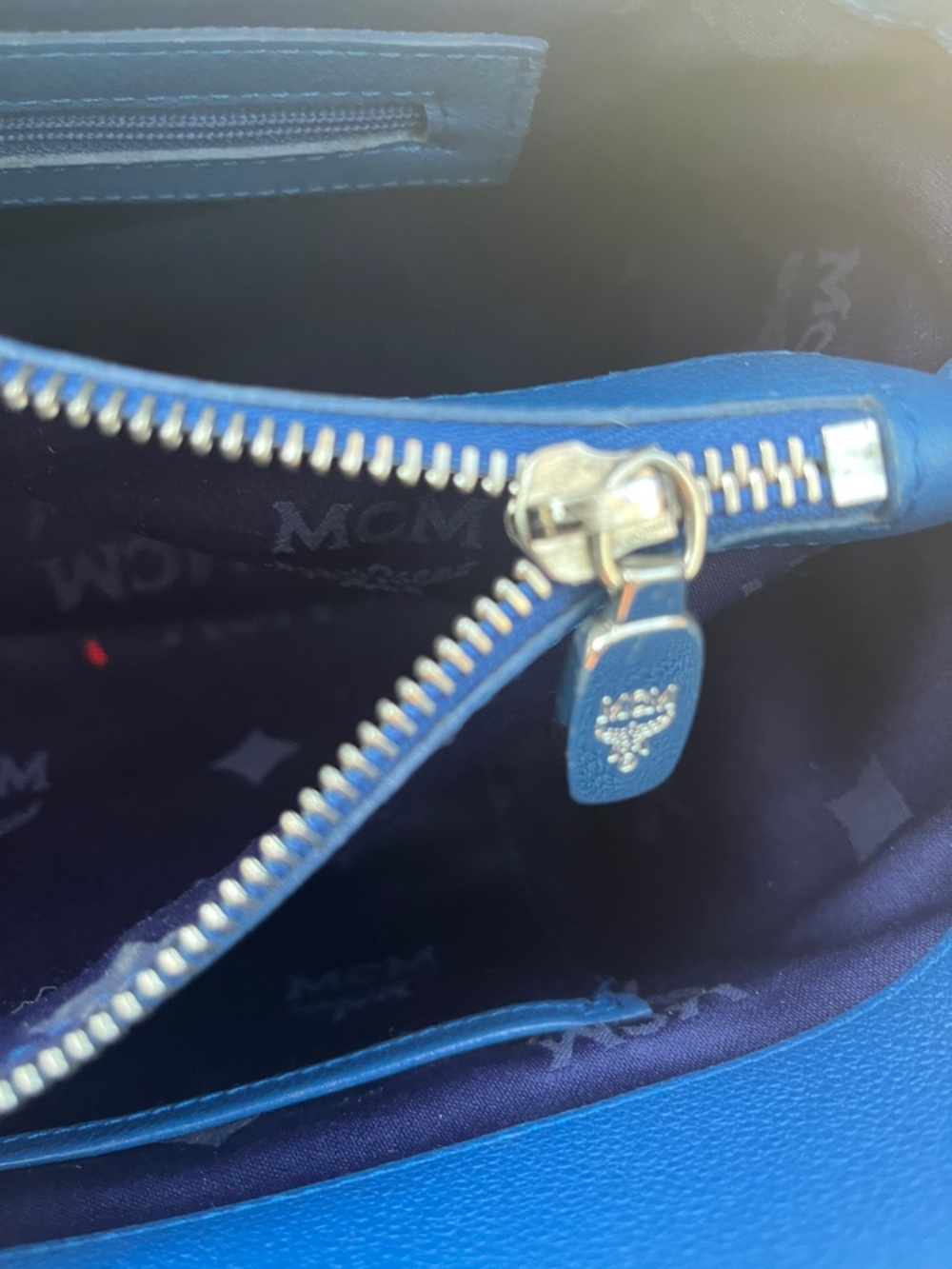 MCM  Blue Leather Satchel with Silver Hardware and end pockets - Picture 13 of 15